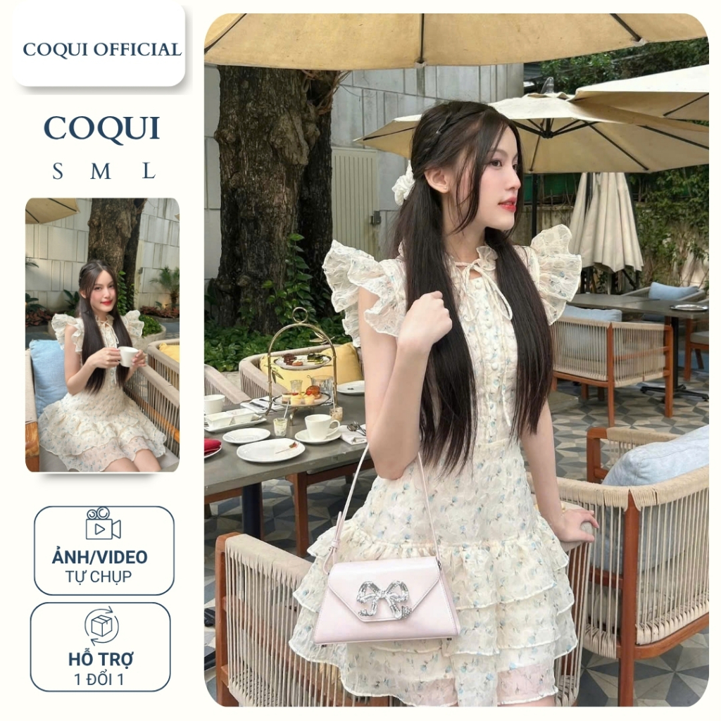 Đầm tiểu thư tơ hoa nhí dáng xoè ngắn COQUI, váy thiết kế nữ sang chảng phối tầng bồng bềnh NANA DRESS