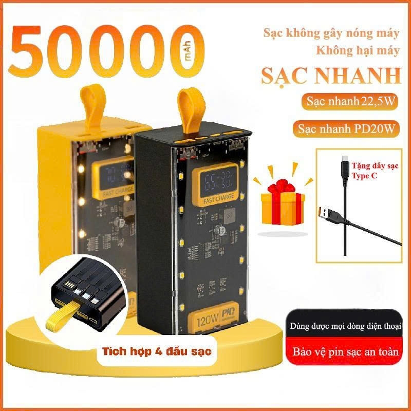 Sạc dự phòng 22,5w sạc nhanh pd20w dung lượng 50000mah tích hợp cổng sạc tiện lợi có đèn led phù hợp nhiều thiết bị