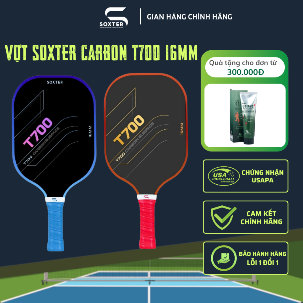 Vợt Pickleball Soxter Carbon T700 16mm Chính Hãng Lõi Tổ Ong Honeycomb Polymer, Dáng Standard