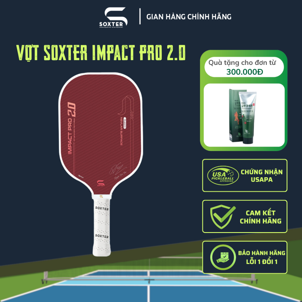 Vợt Pickleball Soxter Impact Pro 2.0 Mặt Kevlar Dupont Tăng Độ Nhám Công Nghệ Lõi Thế Hệ Thứ 4