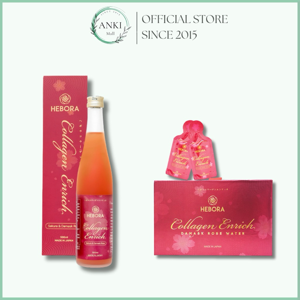 Nước uống Hebora Collagen Enrich đẹp da, thơm cơ thể chai 500ml và hộp 28 gói x 15ml - Anki Mall