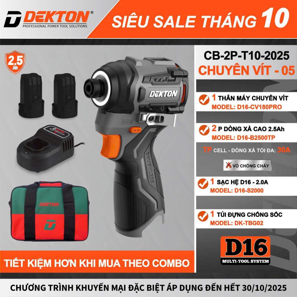 DEKTON thân máy vặn vít pin 16V (180Nm) D16-CV180PRO
