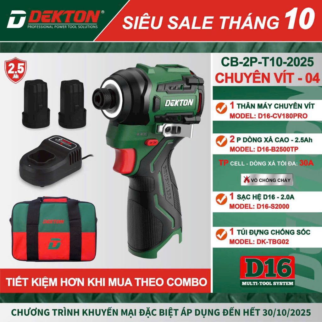 DEKTON thân máy vặn vít pin 16V (180Nm) D16-CV180PRO
