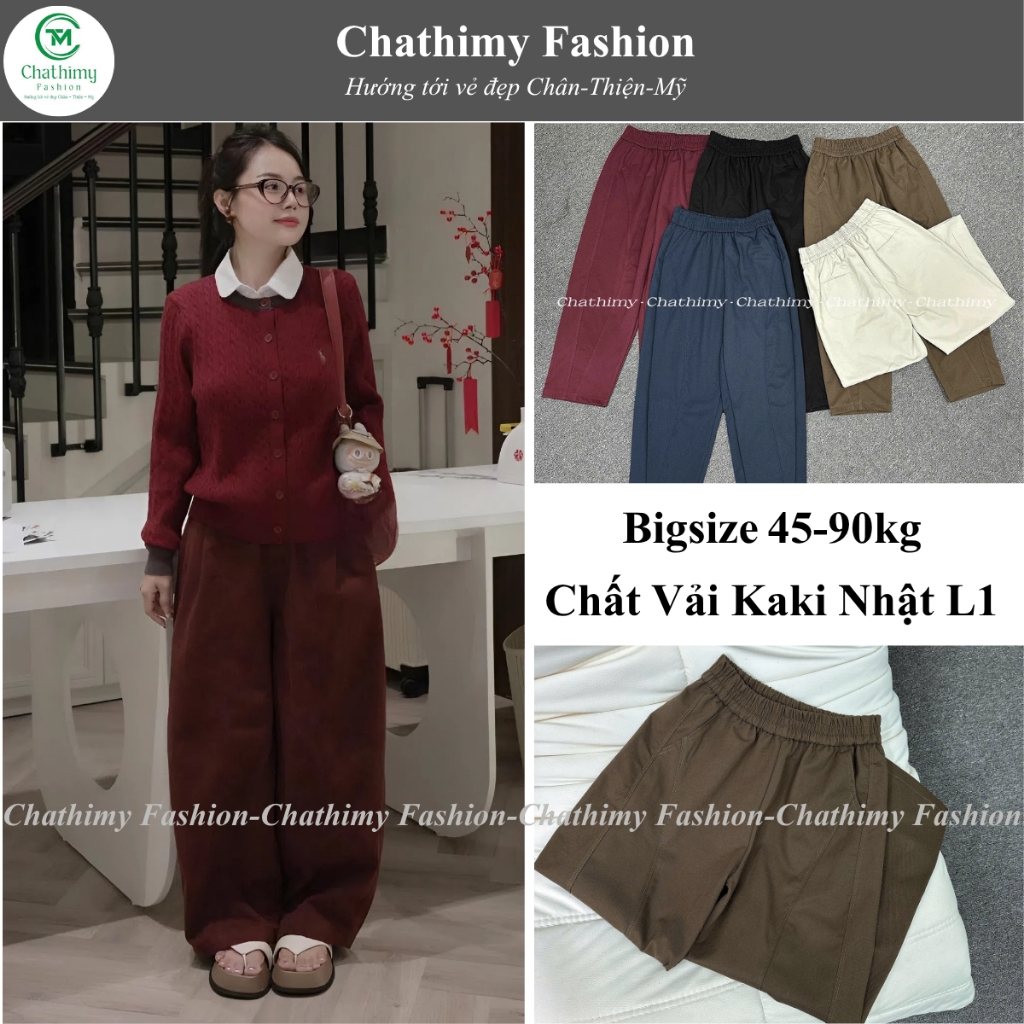 BIGSIZE 42-90kg, Quần baggy nữ Cạp Chun chất Kaki Nhật L1, Quần ống rộng thời…