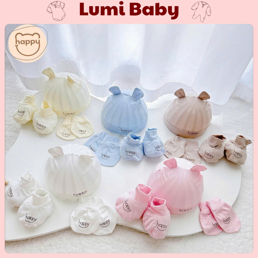 Lumi Baby- Set mũ kèm bao tay bao chân trẻ em HAPPY  Vải thun lạnh mền mại Co dãn tốt cho bé sơ sinh 0-2m