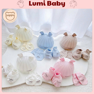 Lumi Baby- Set mũ kèm bao tay bao chân trẻ em HAPPY  Vải thun lạnh mền mại Co dãn tốt cho bé sơ sinh 0-2m
