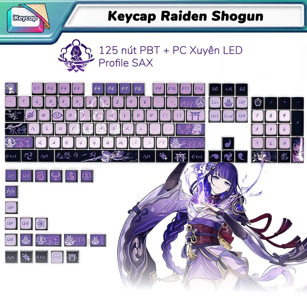 Keycap Raiden Shogun - Keycap Genshin Impact Xuyên Led dạng Pudding I Nhựa PBT 125 nút