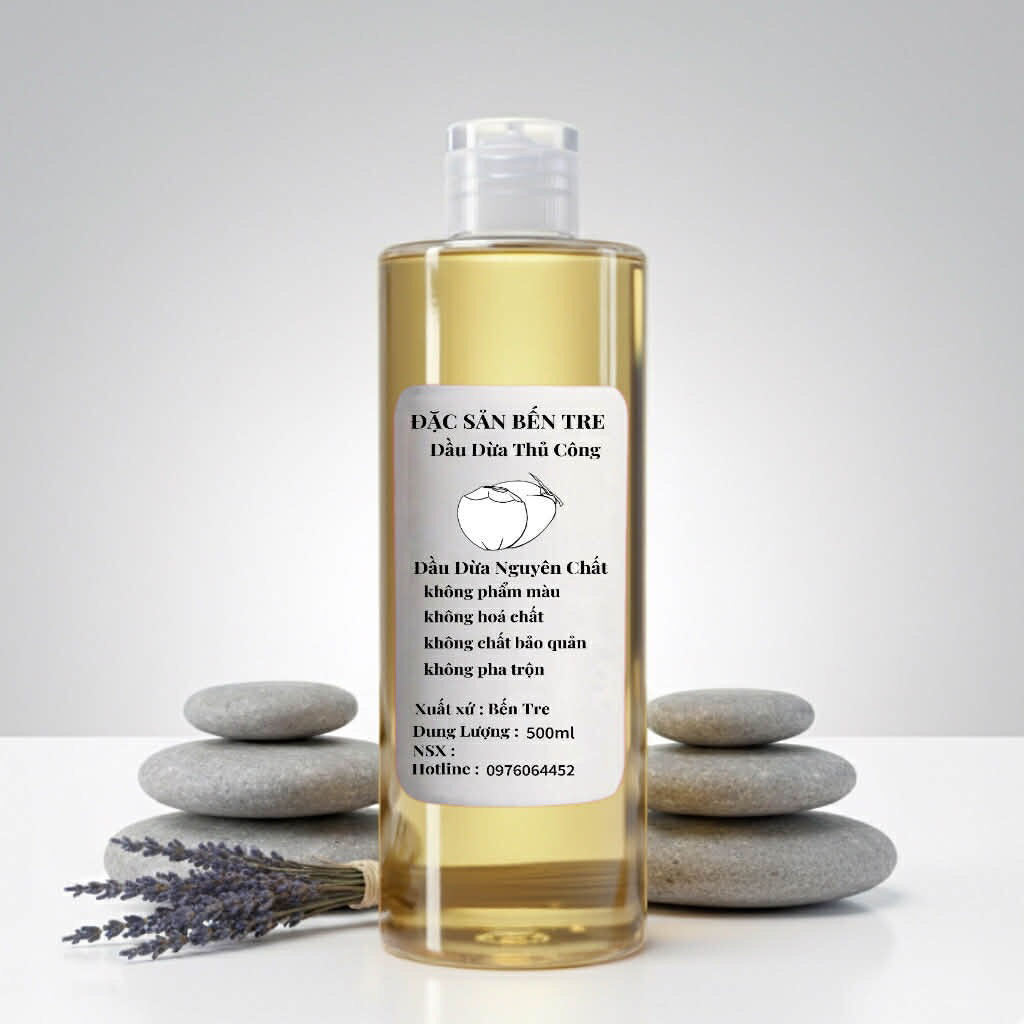 Dầu dừa dưỡng thể nguyên chất hữu cơ 500ml, dầu dừa nấu thủ công. Dầu dừa Bến Tre, dầu dừa tinh khiế