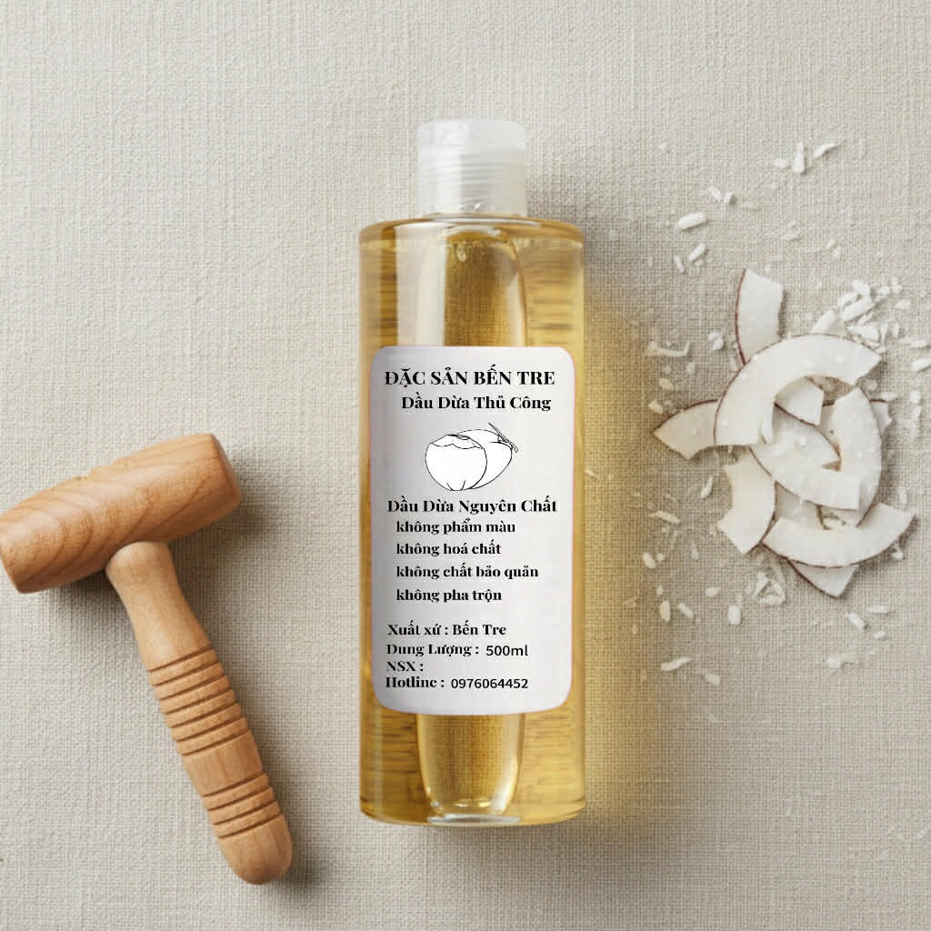 Dầu dừa dưỡng da nguyên chất hữu cơ 500ml, dầu dừa nấu thủ công. Dầu dừa Bến Tre, dầu dừa tinh khiết