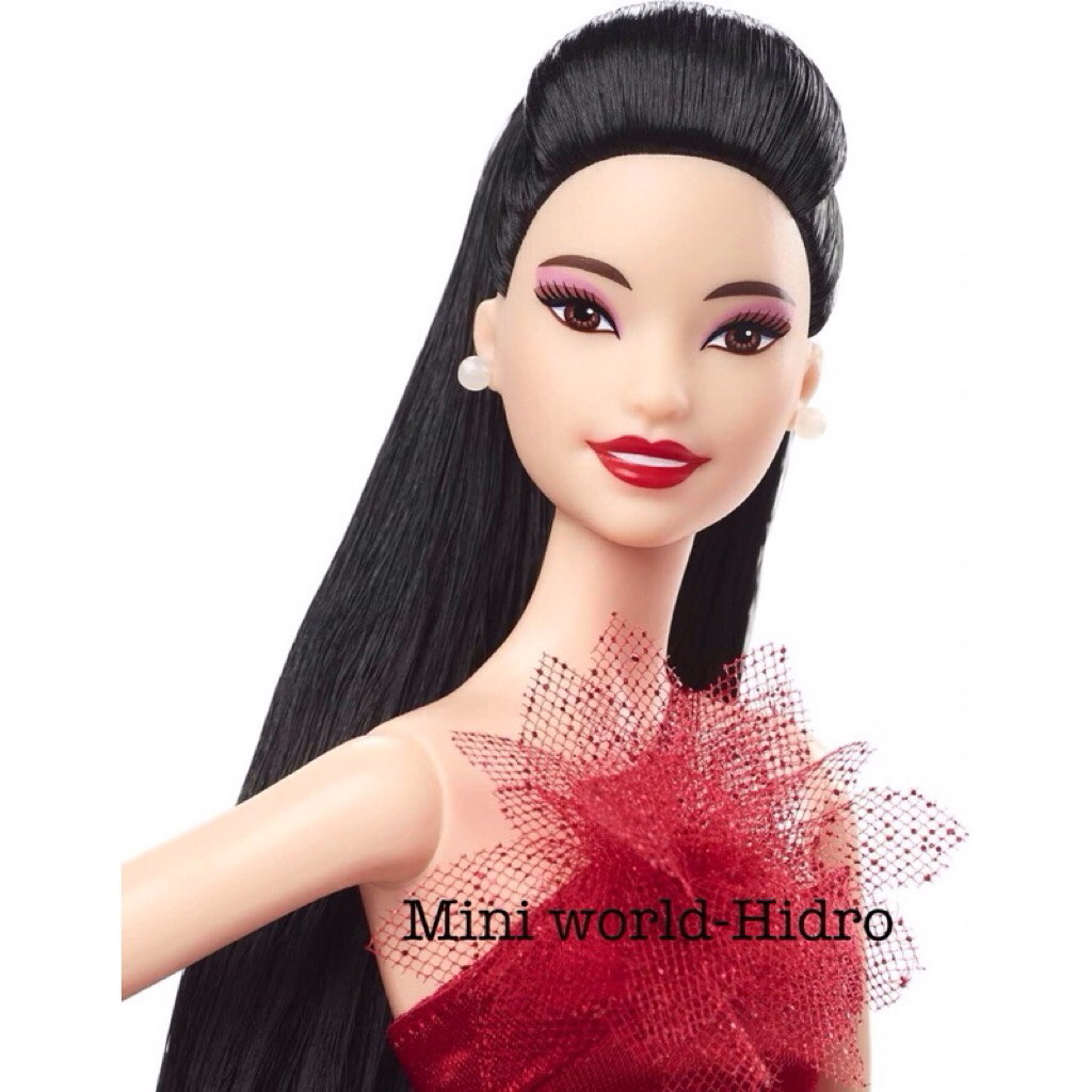 S104 Búp bê Barbie Signature 2022 Holiday Doll (Straight Black Hair) Asia doll Wearing Red chính hãn