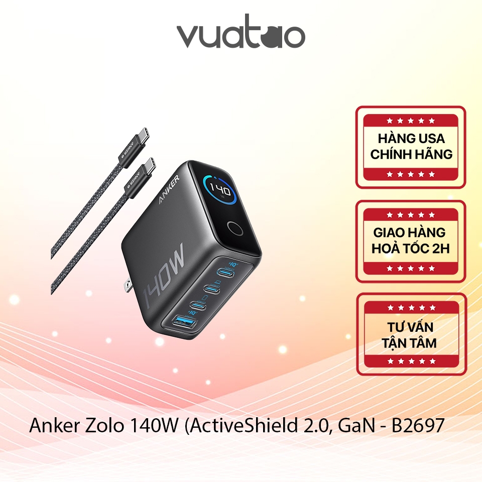 [HÀNG USA] Củ Sạc Kèm Cáp Anker Zolo 140W GaN, Màn Hình LED, PPS/PD3.0 - B2697