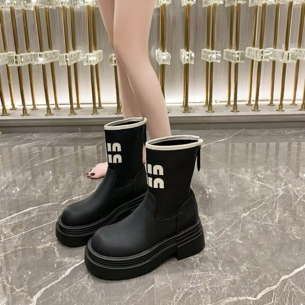 Giày Boot nữ cổ cao đế bằng dễ đi Boot Da Nữ Cổ Cao Thời Trang Khuy Bấm và Khóa kéo Tiện Lợi H888