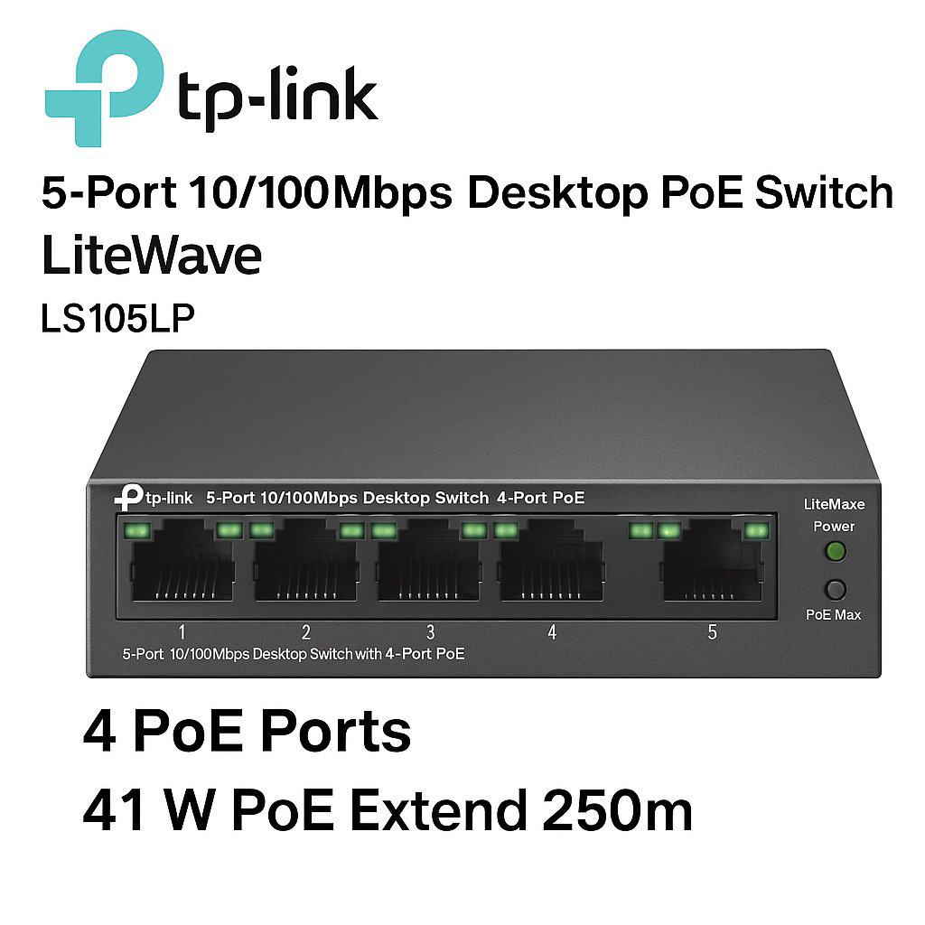 Switch PoE TP-Link LS105LP – 5 Cổng 10/100Mbps, 4 Cổng PoE, Hỗ Trợ Extend 250m, Nguồn 53.5V – Hàng C
