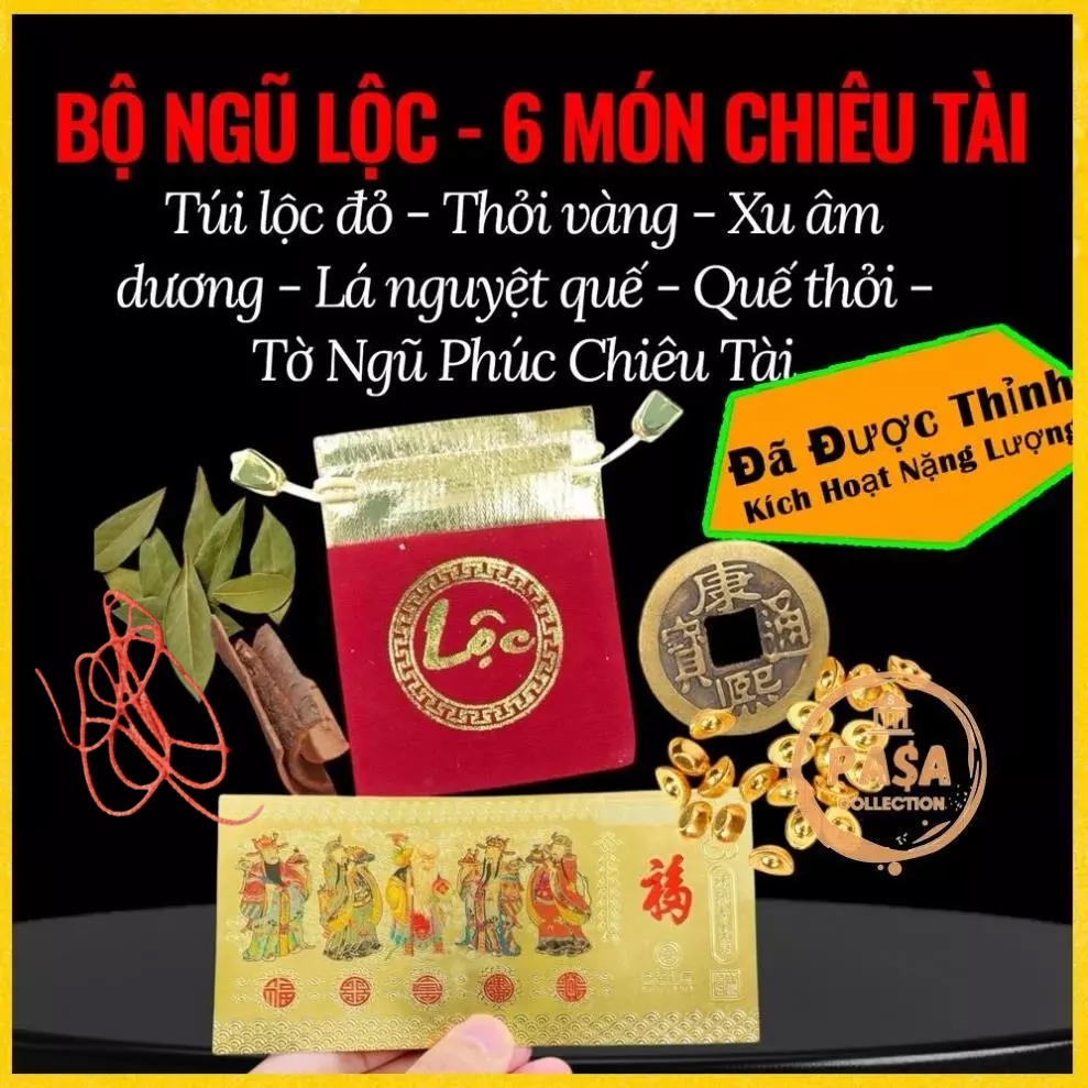 [ĐỒ CHUẨN](Mẹo Nuôi Tiền Cái) Bộ Ngũ Lộc Chiêu Tài 6 Món – Túi Nhung, Xu Ngũ Phúc, Vỏ Quế – Tin Dùng Tại Đài Loan 8386