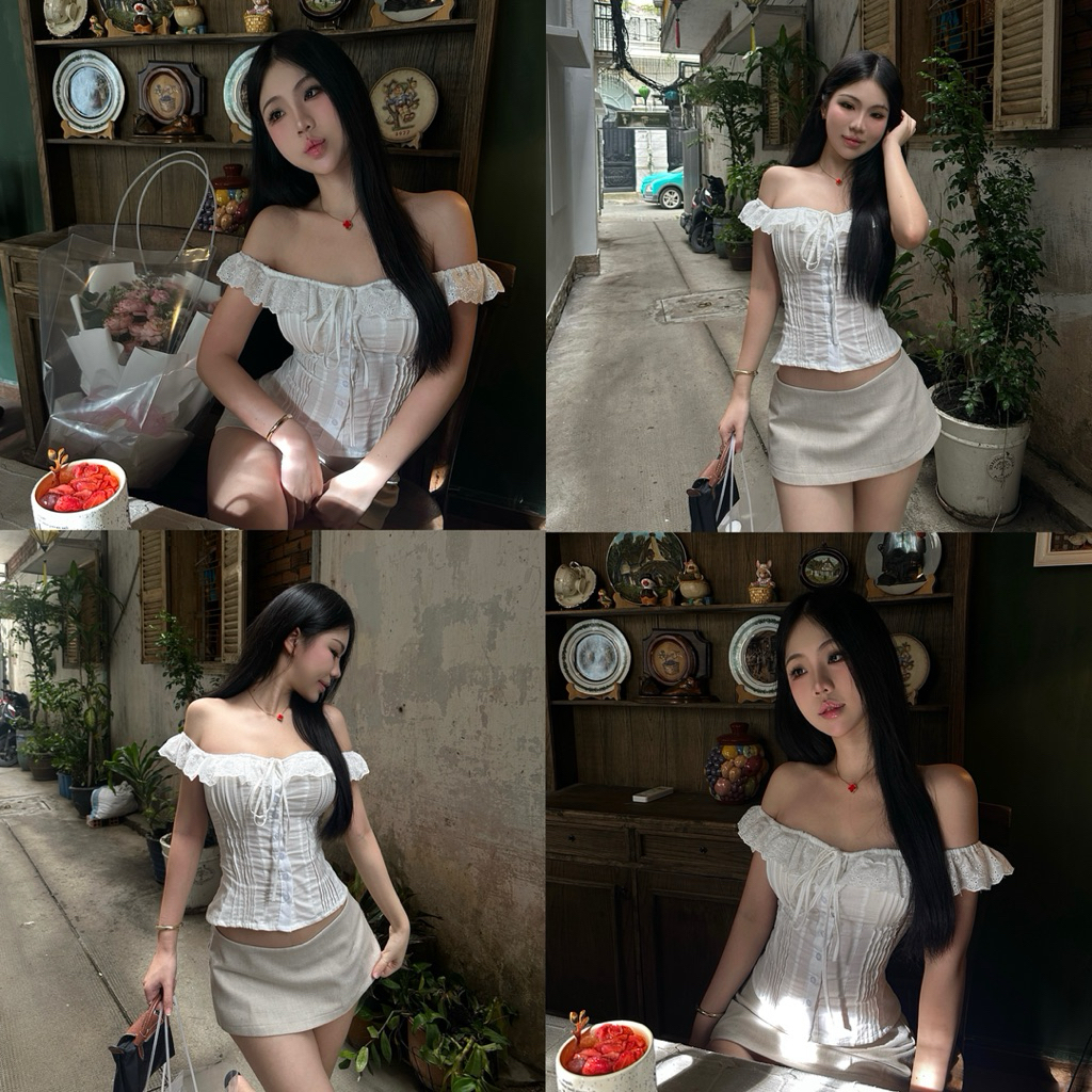 CHILLIE TOP - Áo Kiểu Bôi Thêu DEROSE Trễ Vai Mang Được 2 Kiểu Thắt Dây Sau Lưng | BigBuy360 - bigbuy360.vn