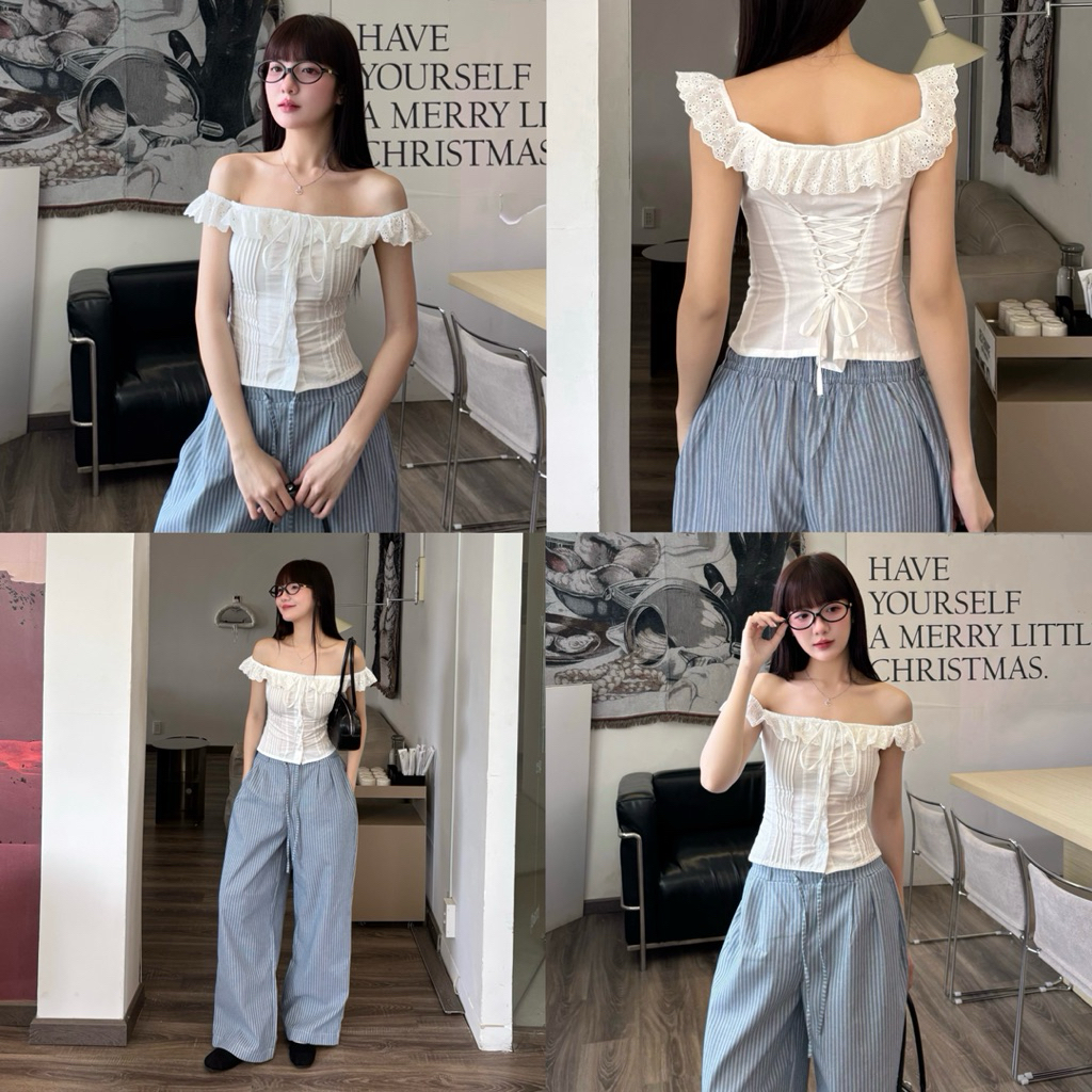CHILLIE TOP - Áo Kiểu Bôi Thêu DEROSE Trễ Vai Mang Được 2 Kiểu Thắt Dây Sau Lưng | BigBuy360 - bigbuy360.vn