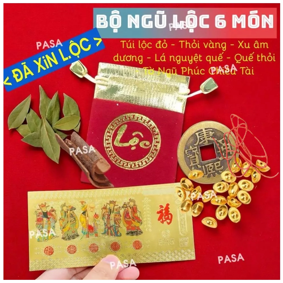 (Đã Thỉ.nh) BỘ NGŨ LỘC 6 Món Chiêu Tài Phong Thủy, Túi Lộc, Thỏi Vàng, Xu Âm Dương, Lá + Vỏ Nguyệt Quế,Tờ Ngũ Phúc