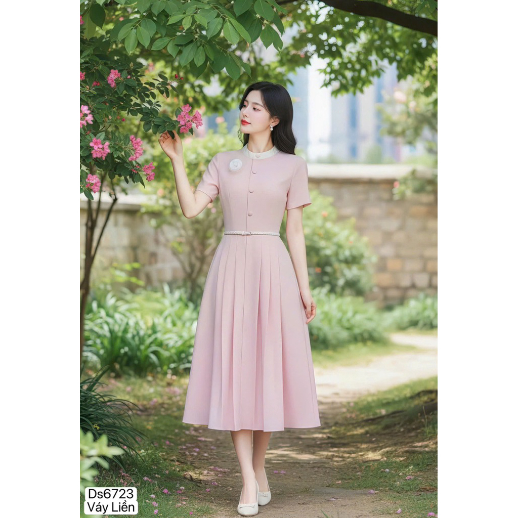 ds6723 Váy thiết kế tiểu thư hồng ngọt ngào tặng kèm dây đai và charm cài hoa trà nữ tính, chính hãn