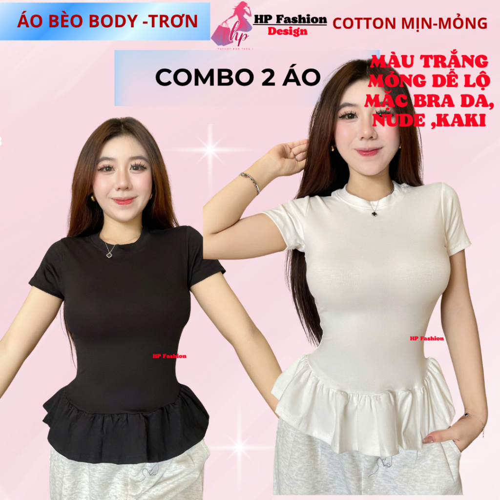 Áo thun tay ngắn sọc viền lai bèo nữ chiết eo basic cổ tròn, áo phông nữ ôm body cộc ngắn tay vải cao cấp HP67 | BigBuy360 - bigbuy360.vn