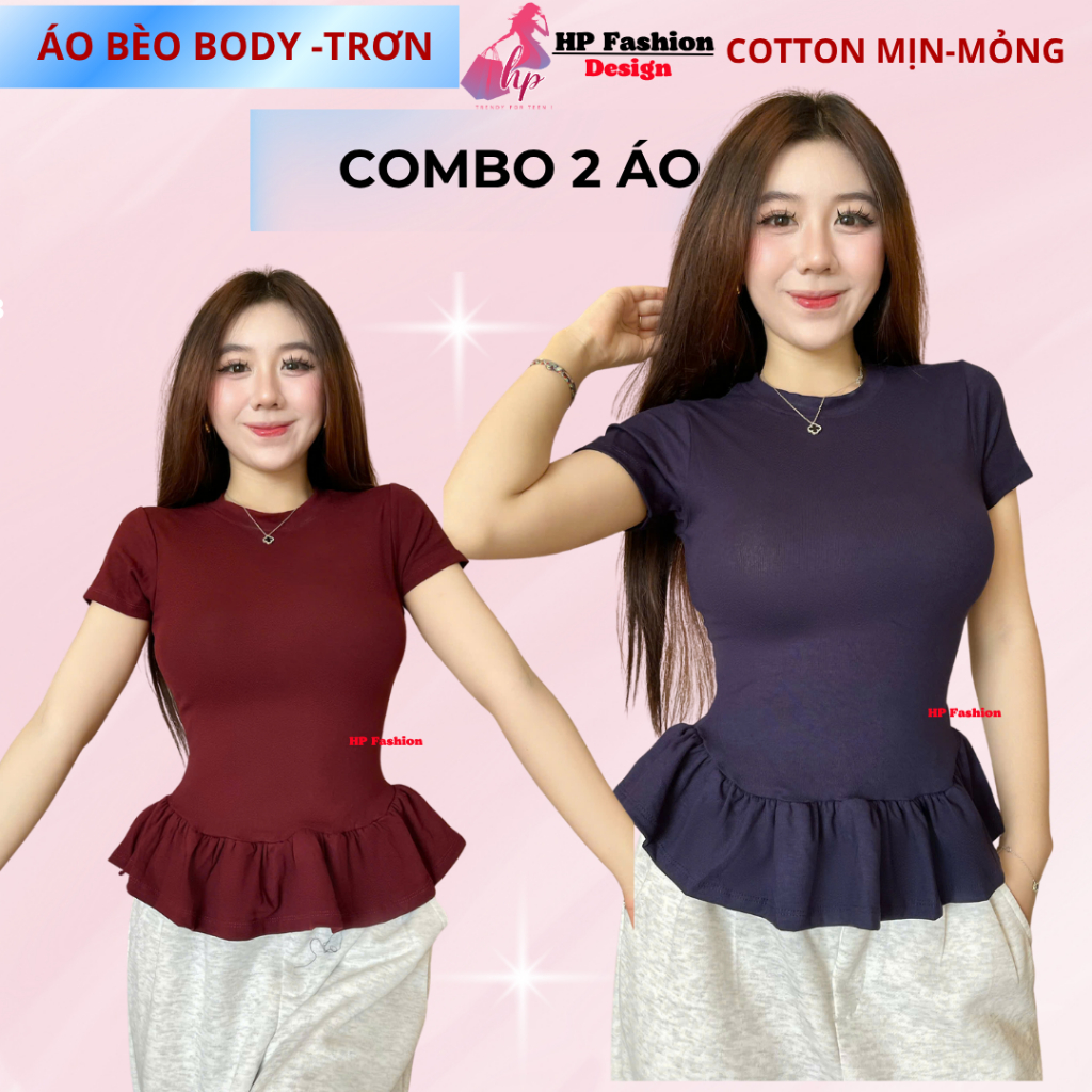 Áo thun tay ngắn sọc viền lai bèo nữ chiết eo basic cổ tròn, áo phông nữ ôm body cộc ngắn tay vải cao cấp HP67 | BigBuy360 - bigbuy360.vn