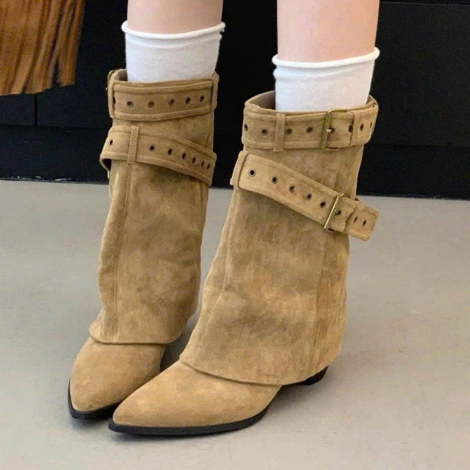 (Sẵn) Giày Boot Nữ Cổ Cao Phong Cách Retro Chất Da Lộn Nỉ Cao Cấp Phối Đai Khuy Cá Tính Bốt nữ dưới gối thời trang 2025