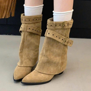 (Sẵn) Giày Boot Nữ Cổ Cao Phong Cách Retro Chất Da Lộn Nỉ Cao Cấp Phối Đai Khuy Cá Tính Bốt nữ dưới gối thời trang 2025