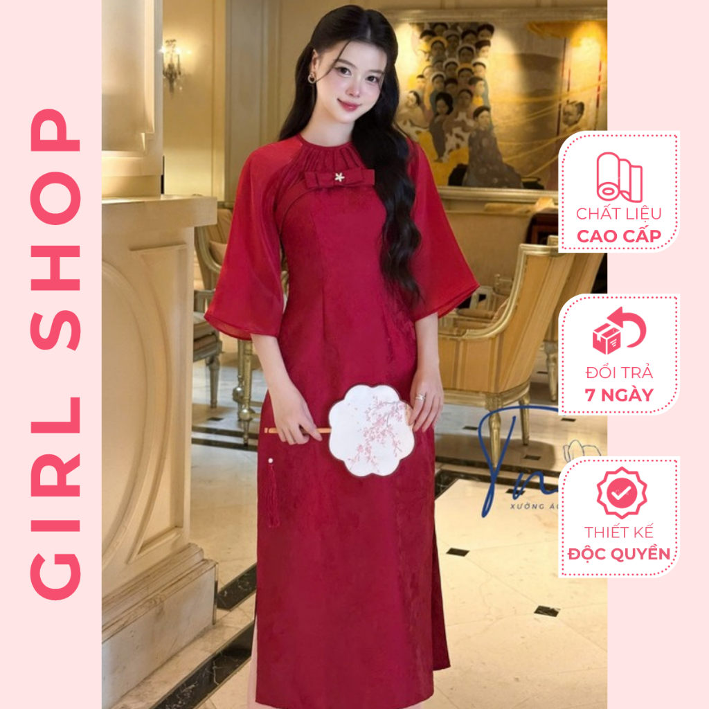 Áo Dài Gấm Mai Hoa Thiết Kế Cao Cấp Dáng Suông Cổ Cao 2 Tà Sang Trọng Thanh Lịch GIRLSHOP
