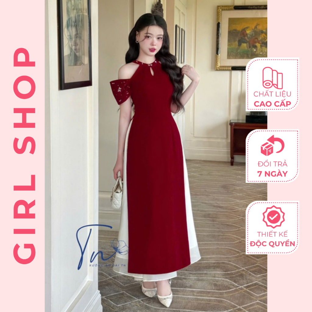 Áo Dài Yếm Nhung Đỏ Thiết Kế Cao Cấp Dáng Suông Cổ Yếm 2 Tà Sang Trọng Thanh Lịch GIRLSHOP