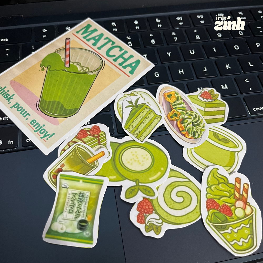 Sticker hình dán matcha latte các loại xe buôn bán lề đường, hình dán trang trí độc lạ đáng yêu