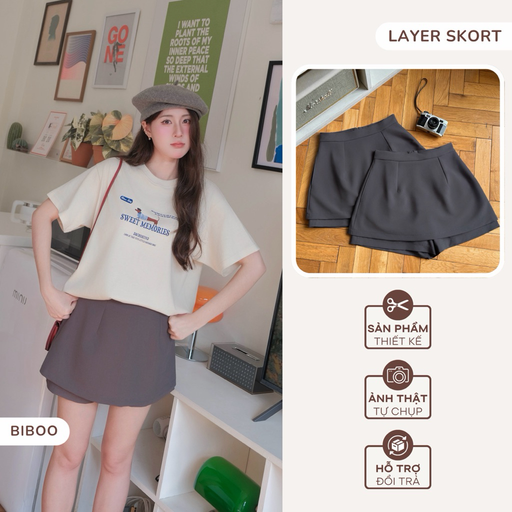 Quần Váy Ngắn Chữ A Trơn Layer Skort - BIBOO
