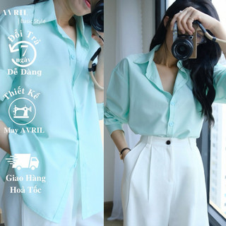  Áo sơ mi nữ màu xanh ngọc pastel oversize form rộng khoác chất dày kiều Hàn mã SMR03 