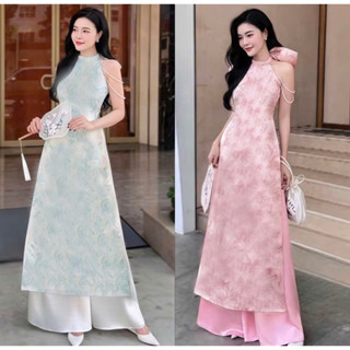  Set áo dài gấm hoa tết kèm quần ống rộng yếm nơ kèm dây cườm phối cực nhẹ nhàng nữ tính set bộ tết cho nữ đi chơi đi lễ 