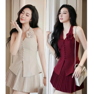  Set đầm yếm áo đính hoa kèm chân váy kiểu xếp ly siêu đẹp cho nữ đi chơi dự tiệc đi làm công sở lễ tết đầm noel 