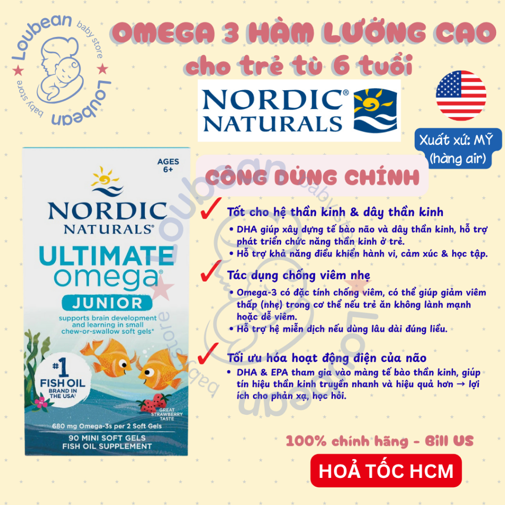 Viên uống DHA Omega 3 hàm lượng cao Bé 6 tuổi Ultimate Omega Junior Nordic Naturals 90 viên Loubean