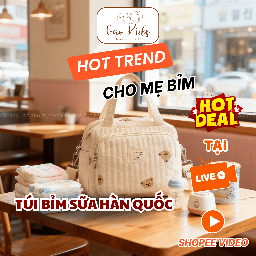  Túi đựng bỉm sữa Hàn Quốc cho mẹ và bé – Thêu mặt gấu hoa tulip dễ thương – Treo xe đẩy tiện lợi 