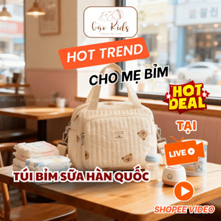  Túi đựng bỉm sữa Hàn Quốc cho mẹ và bé – Thêu mặt gấu hoa tulip dễ thương – Treo xe đẩy tiện lợi 