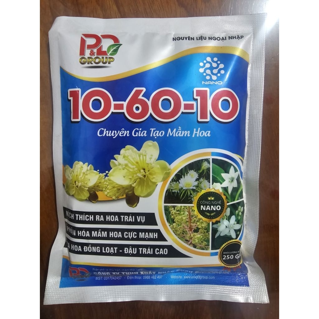 1 Gói - 10 60 10 (250g) - kích ra hoa trái vụ, phân hóa mầm hoa, ra hoa đồng loạt, đậu trái cao