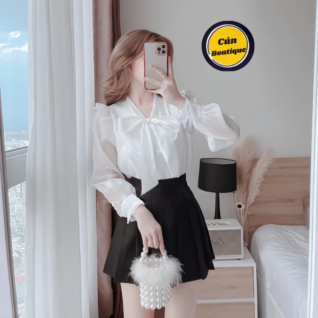  Áo sơ mi nữ chất Voan 2 lớp tiểu thư bánh bè cổ nơ phối ren from rộng màu trắng áo sơ mi kiểu tay bo sang chảnh 