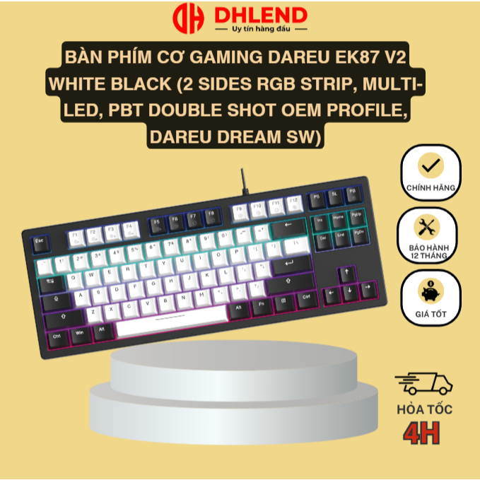 Bàn phím cơ Gaming DAREU EK87 v2 WHITE BLACK (2 sides RGB strip, Multi-Led, PBT Double Shot OEM prof
