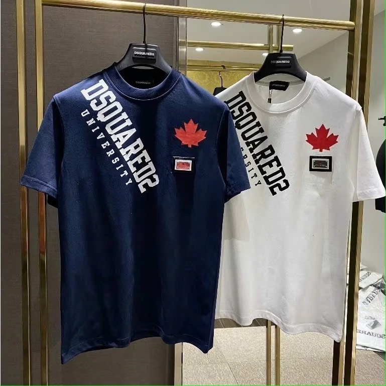 Áo Phông Nam Nữ Boy Phố DSQUARED2 Chéo Vai Cổ Tròn Ngắn Tay In Hình Lá Phong Nhỏ Ở Ngực