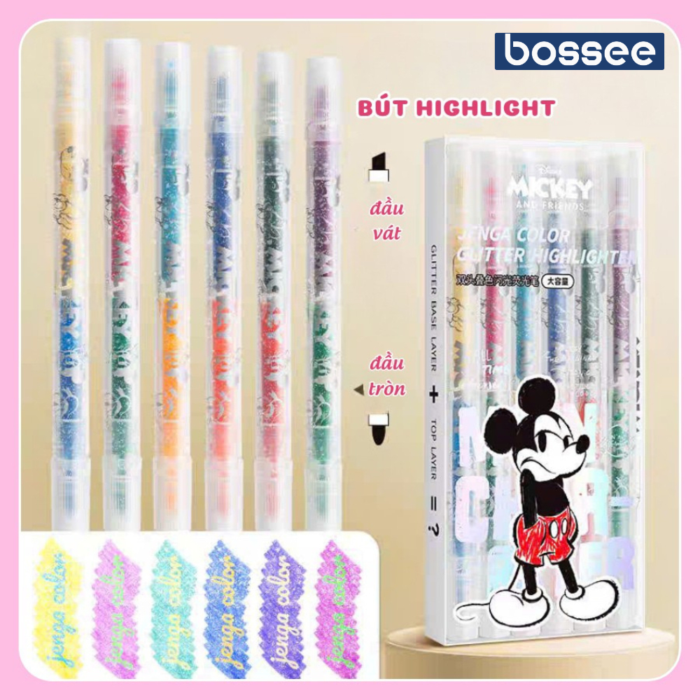 Bộ Bút Nhũ Highlight 6 Màu, Bút Nhũ Kim Tuyến 2 Đầu, Bút Highlight Hoạt Hình Dễ Thương
