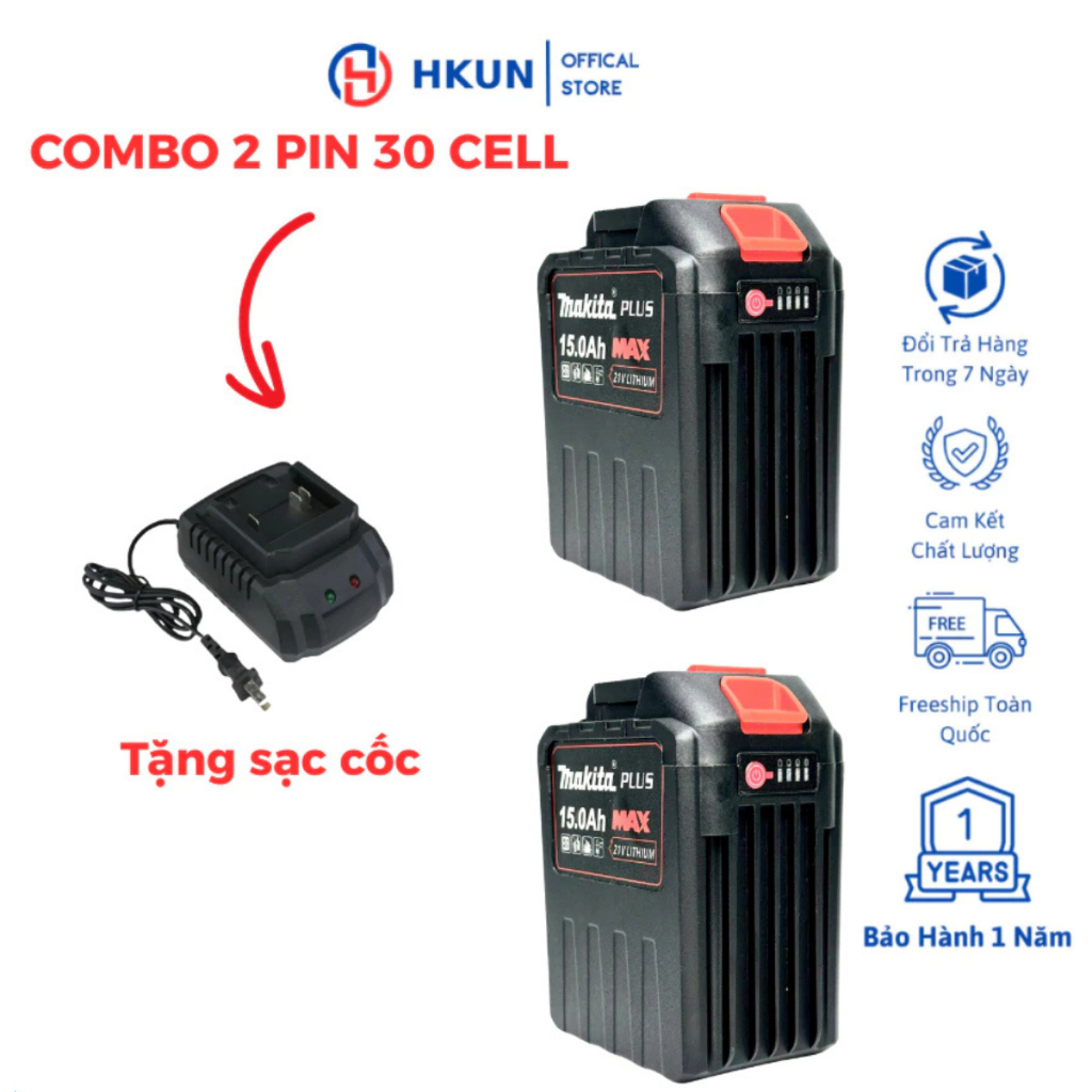 [COMBO 2 PIN 30 CELL TẶNG SẠC] - Pin 30Cell Makita 8 Mosfet Có Đèn Báo Dung Lượng Pin, Chân Pin Phổ 