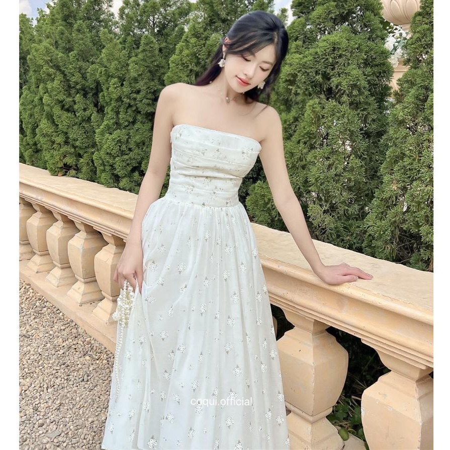 Đầm maxi cúp ngực dáng dài COQUI thanh lịch, Váy dáng dài tơ in hoa tiểu thư dự tiệc có mút LINH LAN DRESS | BigBuy360 - bigbuy360.vn