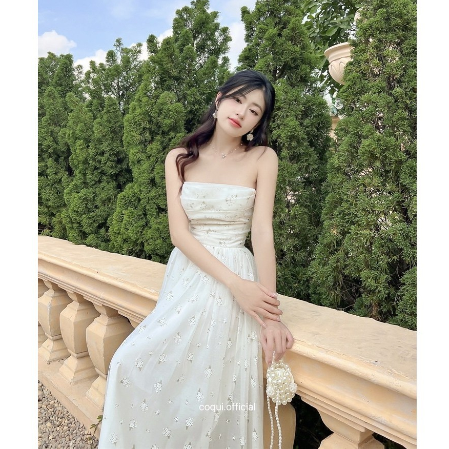 Đầm maxi cúp ngực dáng dài COQUI thanh lịch, Váy dáng dài tơ in hoa tiểu thư dự tiệc có mút LINH LAN DRESS | BigBuy360 - bigbuy360.vn