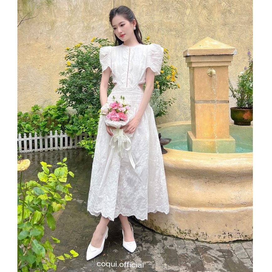 Đầm dự tiệc trắng dáng dài tiểu thư COQUI, váy đi tiệc thiết kế thanh lịch sang trọng MIRA DRESS (CÓ KHOÉT EO) | BigBuy360 - bigbuy360.vn