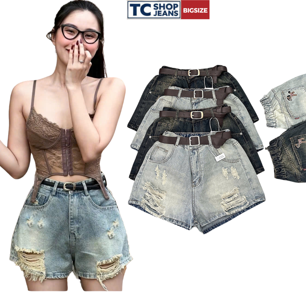 Quần short jean nữ rách nhiều lưng chun sau thêu ngựa TC SHOP JEANS bigsize 55-90kg  chất jean cotto