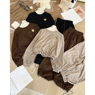  H89 – Set nỉ chấm bi Hello Kitty | Áo crotop Kitty phối quần dài bo gấu tăm nhung dày 