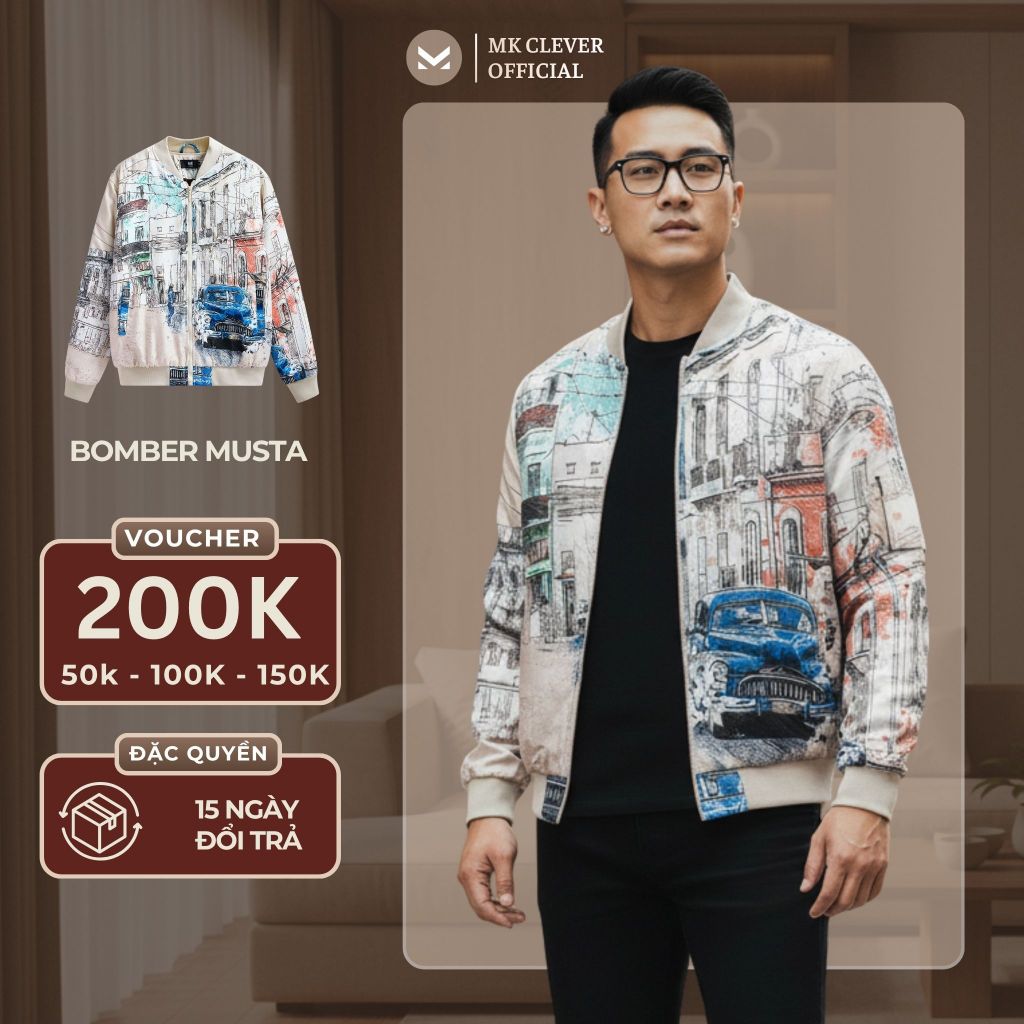 Áo khoác bomber nam Musta MKCLEVER Chất liệu vải Gió trần bông, chống nước cản gió tốt, dày dặn