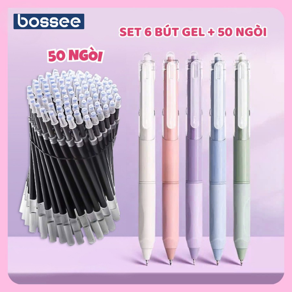 Set 6 Bút gel + 50 ngòi thay thế Bút bi gel mực đen viết trơn tru, vỏ pastel SIJIN