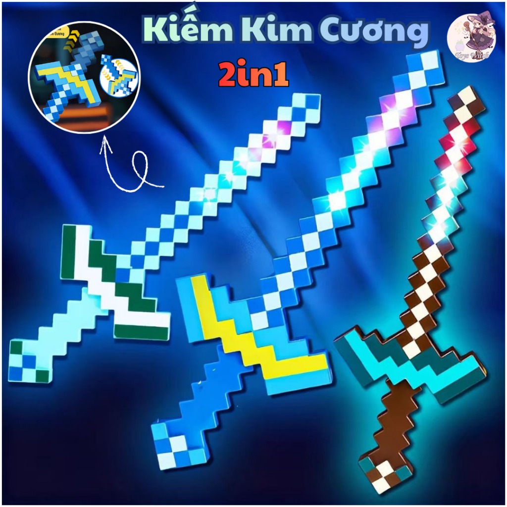 Đồ Chơi Kiếm Kim Cương Rìu Gươm Minecraft Phát Sáng 2in1 Chuyển Đổi 2 Dạng Có Đèn LED Chất Liệu Cao 